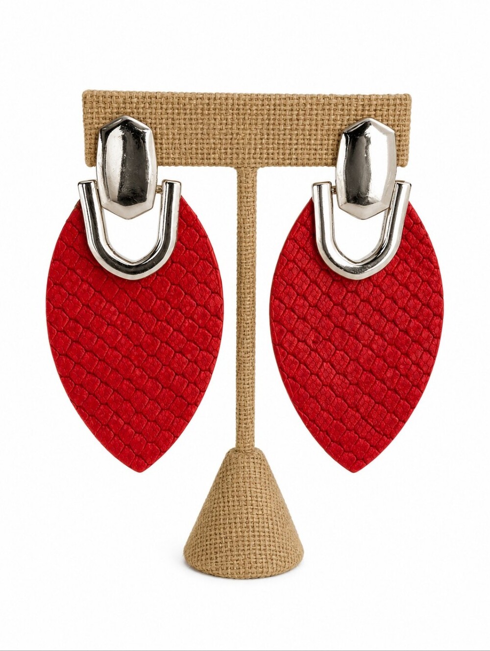 Red Teardrop Leatherette Earrings with Silver Accents, NWOT